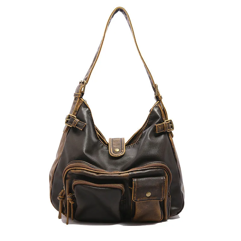 HULIANFU 2025 special for women's fashion washed leather whitened old locomotive bags multi-pocket  retro trend shoulder bags