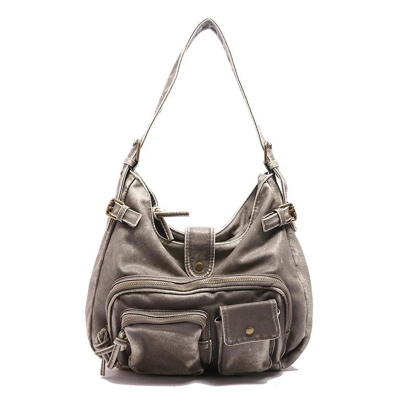 HULIANFU 2025 special for women's fashion washed leather whitened old locomotive bags multi-pocket  retro trend shoulder bags