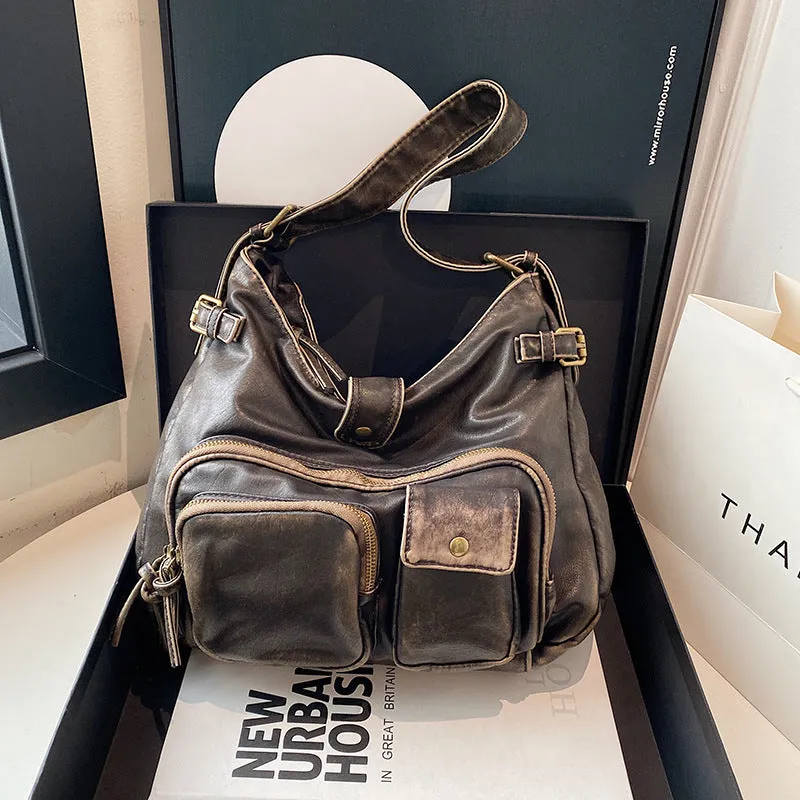 HULIANFU 2025 special for women's fashion washed leather whitened old locomotive bags multi-pocket  retro trend shoulder bags