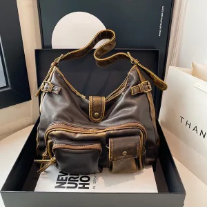 HULIANFU 2025 special for women's fashion washed leather whitened old locomotive bags multi-pocket  retro trend shoulder bags