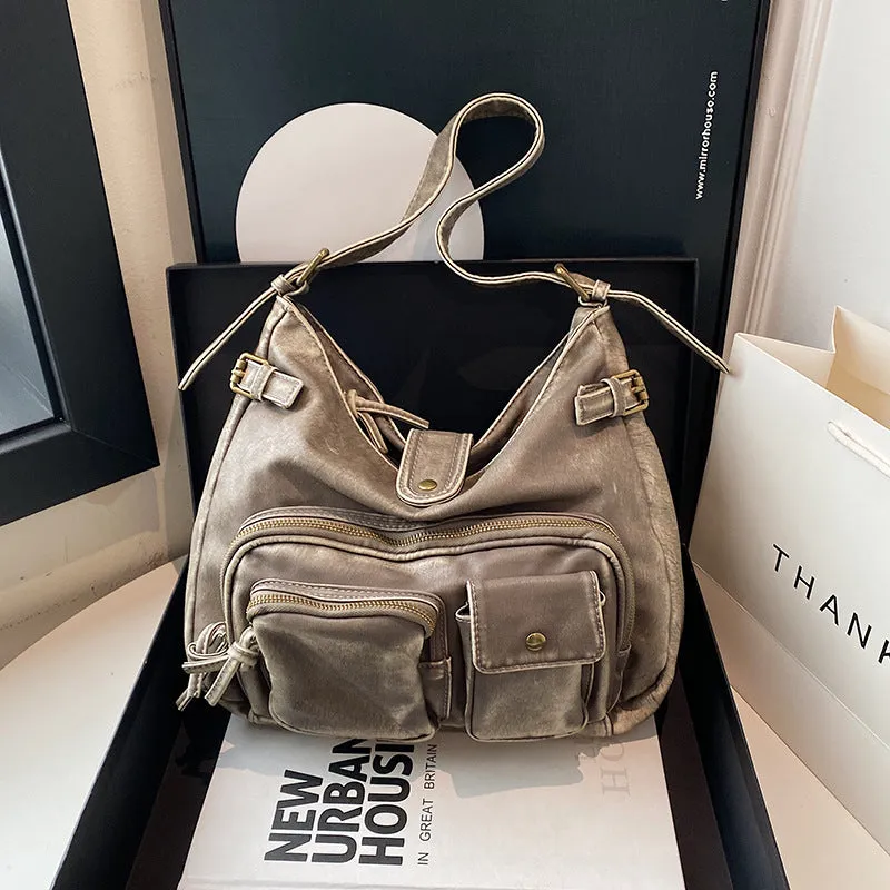 HULIANFU 2025 special for women's fashion washed leather whitened old locomotive bags multi-pocket  retro trend shoulder bags