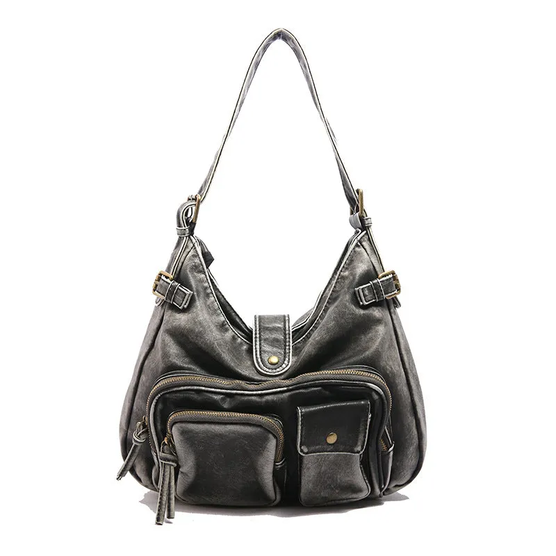HULIANFU 2025 special for women's fashion washed leather whitened old locomotive bags multi-pocket  retro trend shoulder bags