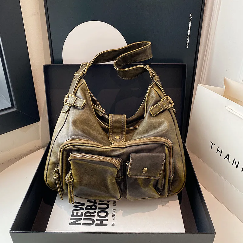 HULIANFU 2025 special for women's fashion washed leather whitened old locomotive bags multi-pocket  retro trend shoulder bags