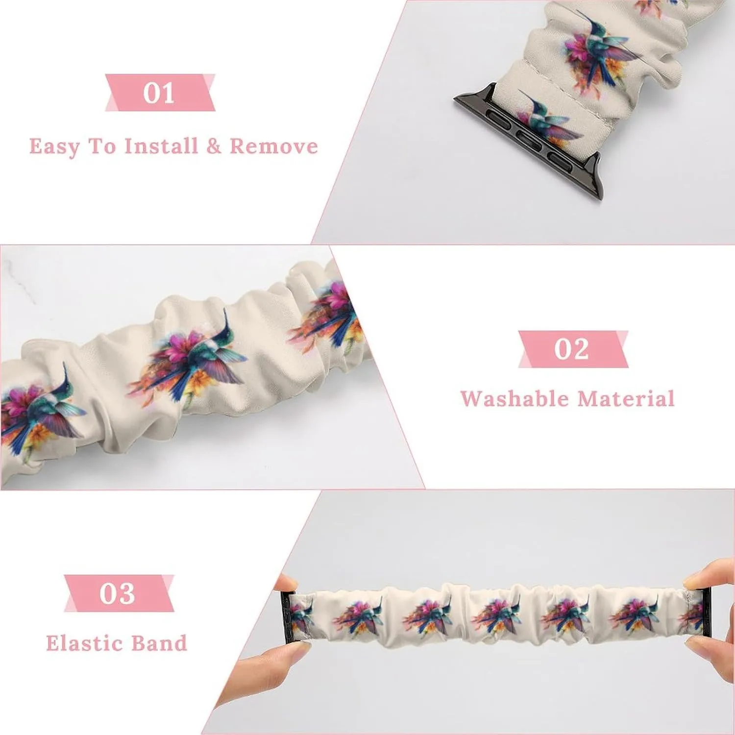 Hummingbird Flower Watercolor Fashion Watch Strap Scrunchies Wristbands Compatible With IWatch Series