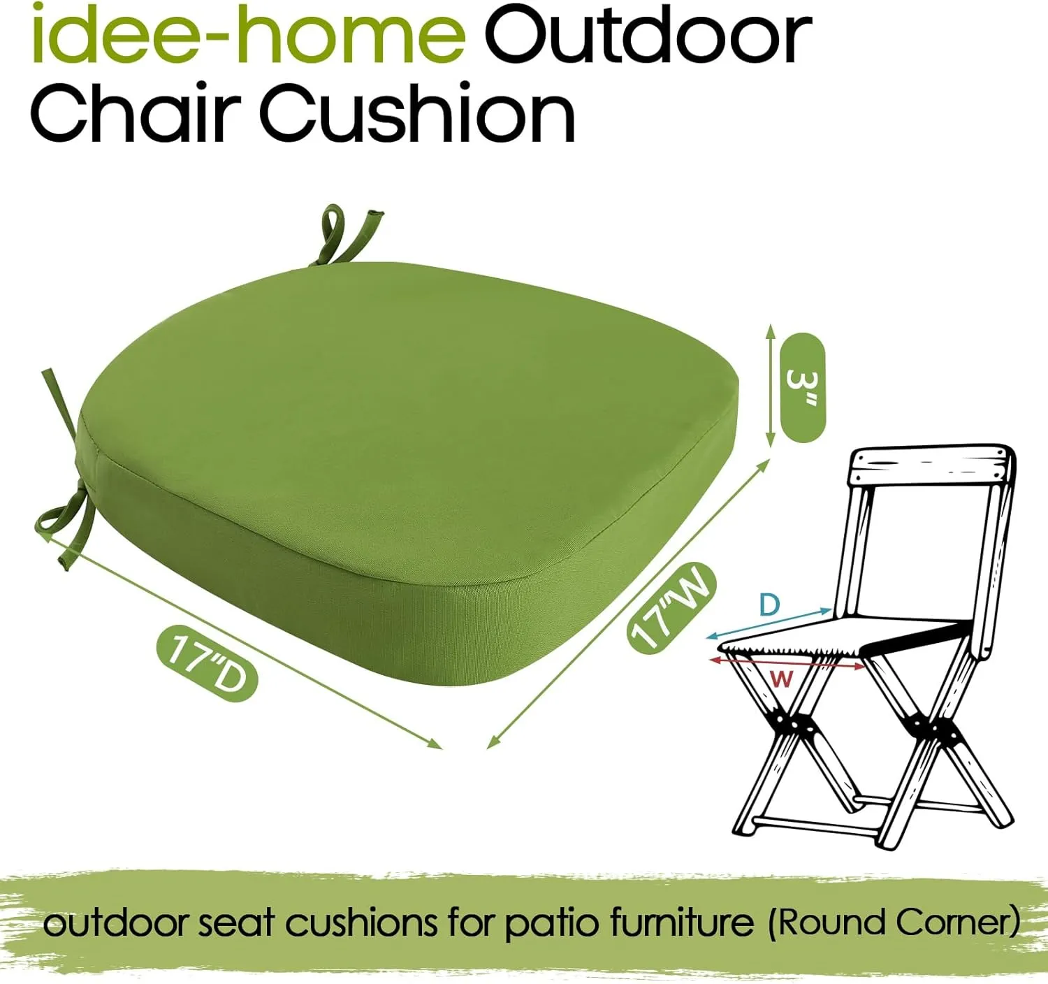 idee-home Outdoor Chair Cushions Set of 2, 17" x 17" x 3" Thick Patio Furniture Outdoor Seat Cushions Waterproof with Ties, Dining Pads
