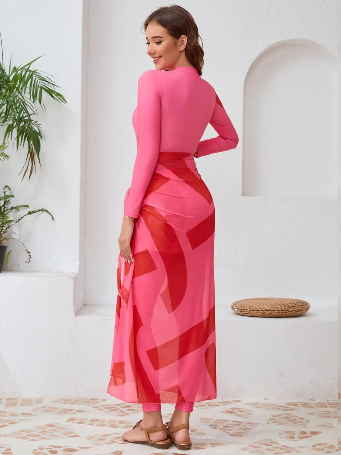 IDOPIP Muslim Burkini Swimsuit for Women's One Piece Swimsuit with Beach Skirt Cover up Sarong Pants Hijab 5PCS Bathing Suit