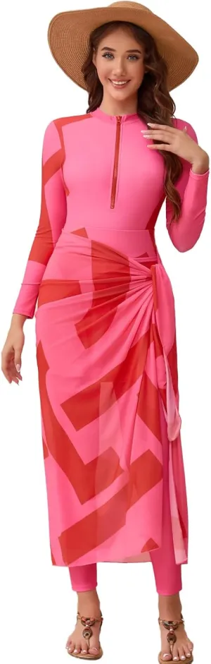 IDOPIP Muslim Burkini Swimsuit for Women's One Piece Swimsuit with Beach Skirt Cover up Sarong Pants Hijab 5PCS Bathing Suit
