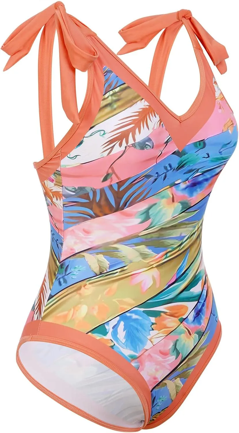 IDOPIP Women's One Piece Swimsuit with Beach Cover up Wrap Skirt Sarong Retro Floral Print Bikini Set Two Piece Bathing Suit