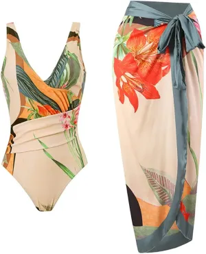 IDOPIP Women's One Piece Swimsuit with Beach Cover up Wrap Skirt Sarong Retro Floral Print Bikini Set Two Piece Bathing Suit