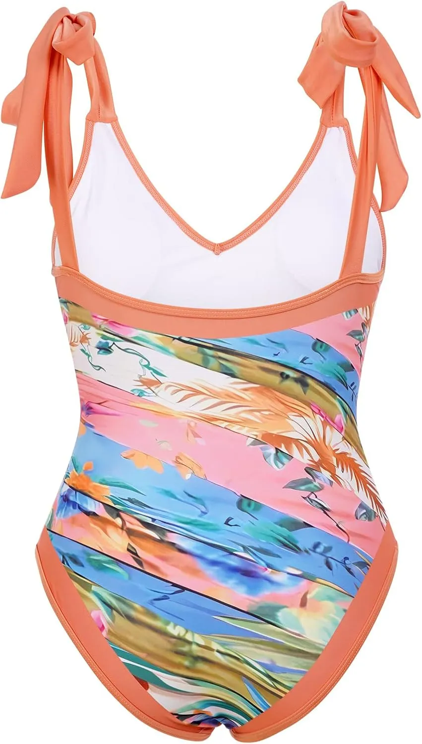 IDOPIP Women's One Piece Swimsuit with Beach Cover up Wrap Skirt Sarong Retro Floral Print Bikini Set Two Piece Bathing Suit