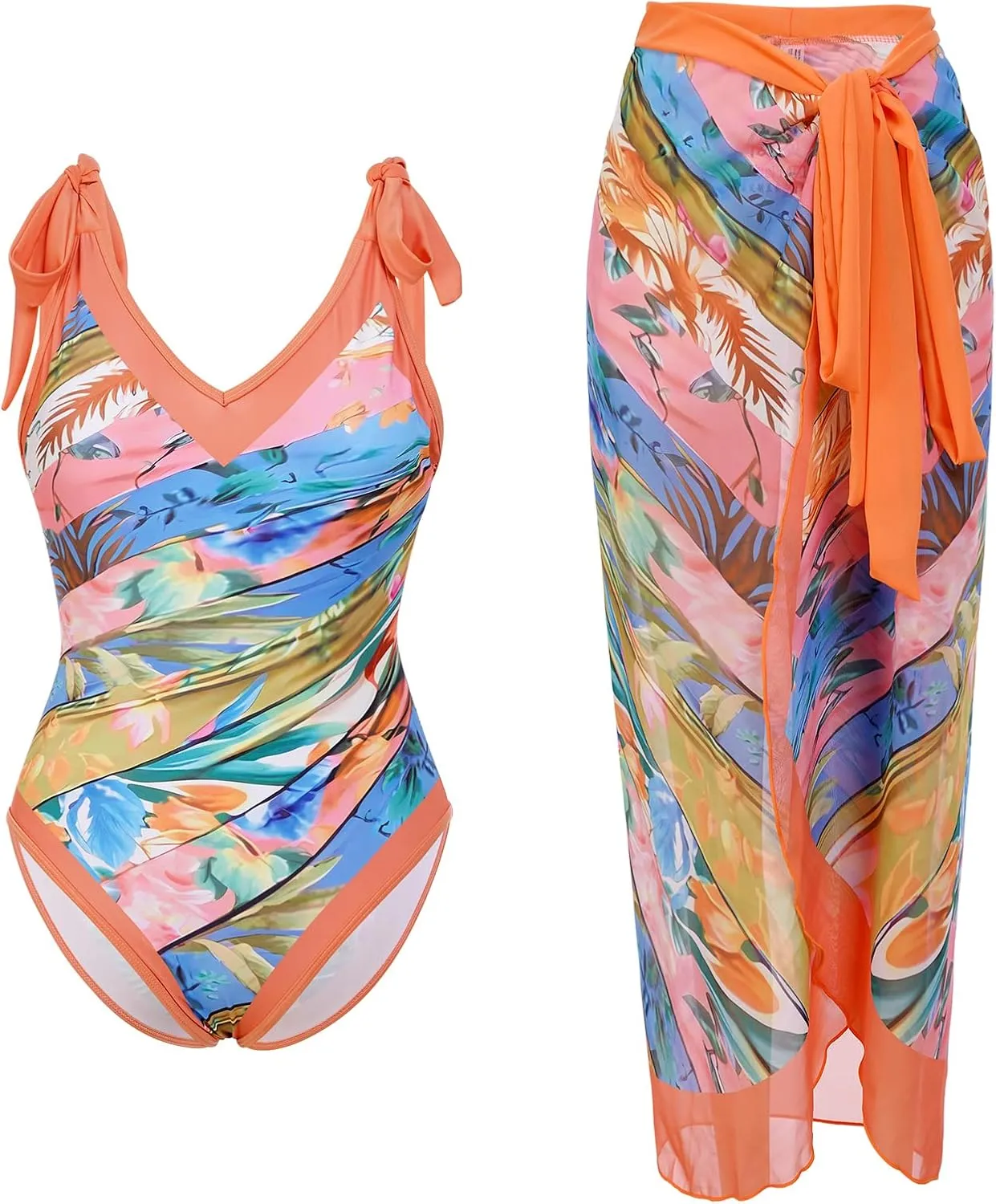 IDOPIP Women's One Piece Swimsuit with Beach Cover up Wrap Skirt Sarong Retro Floral Print Bikini Set Two Piece Bathing Suit