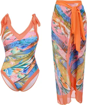 IDOPIP Women's One Piece Swimsuit with Beach Cover up Wrap Skirt Sarong Retro Floral Print Bikini Set Two Piece Bathing Suit