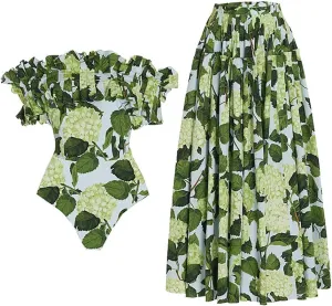 IDOPIP Women's One Piece Swimsuit with Beach Cover up Wrap Skirt Sarong Retro Floral Print Bikini Set Two Piece Bathing Suit