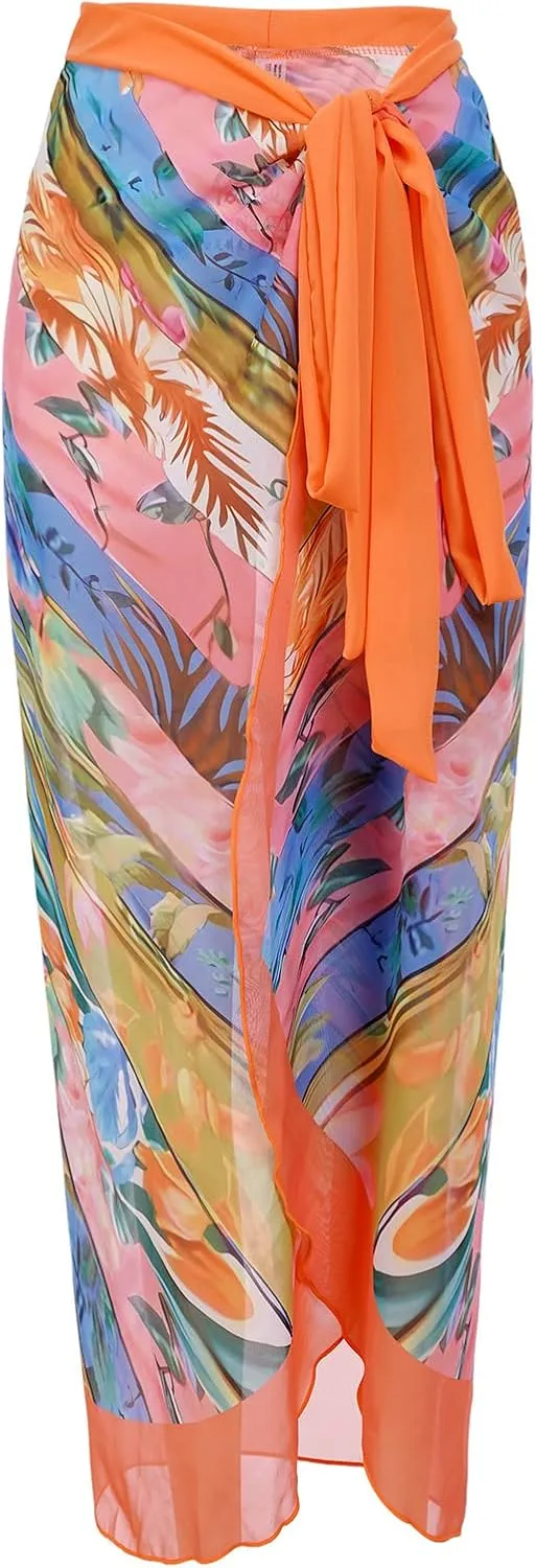 IDOPIP Women's One Piece Swimsuit with Beach Cover up Wrap Skirt Sarong Retro Floral Print Bikini Set Two Piece Bathing Suit