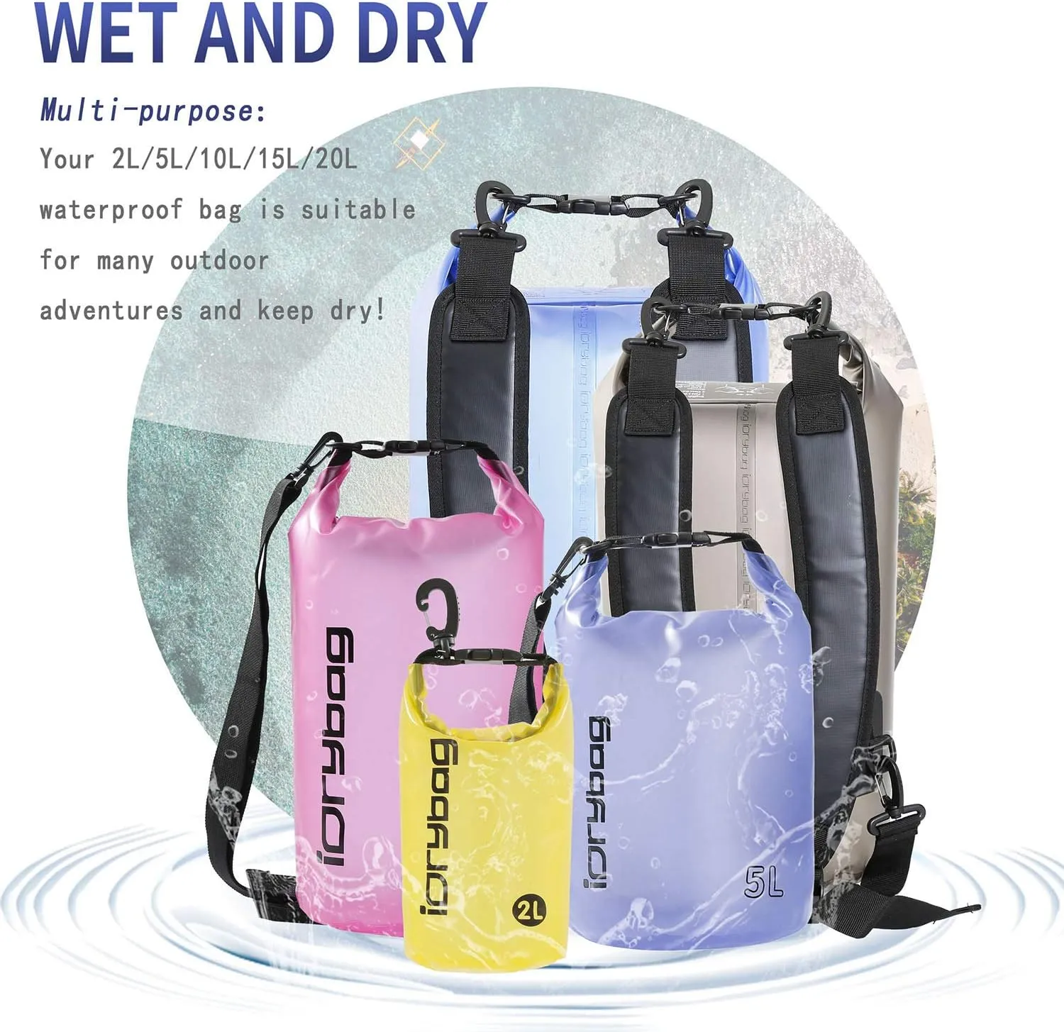 IDRYBAG Clear Dry Bag Waterproof 2L/5L/10L/15L/20L, Small Dry Sack Waterproof Bag for Kayaking
