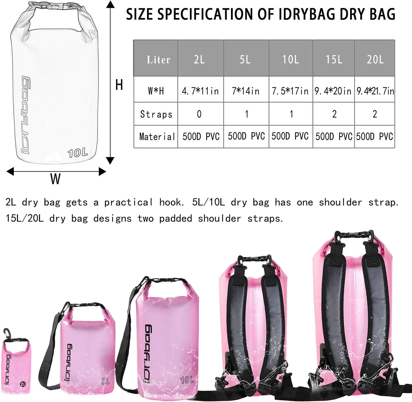 IDRYBAG Clear Dry Bag Waterproof 2L/5L/10L/15L/20L, Small Dry Sack Waterproof Bag for Kayaking