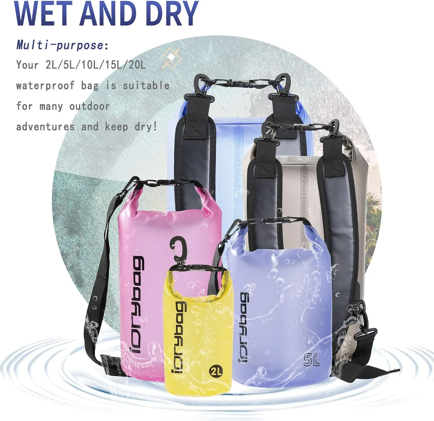 IDRYBAG Clear Dry Bag Waterproof 2L/5L/10L/15L/20L, Small Dry Sack Waterproof Bag for Kayaking