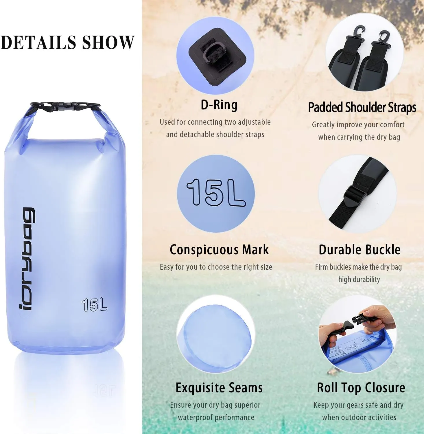 IDRYBAG Clear Dry Bag Waterproof 2L/5L/10L/15L/20L, Small Dry Sack Waterproof Bag for Kayaking
