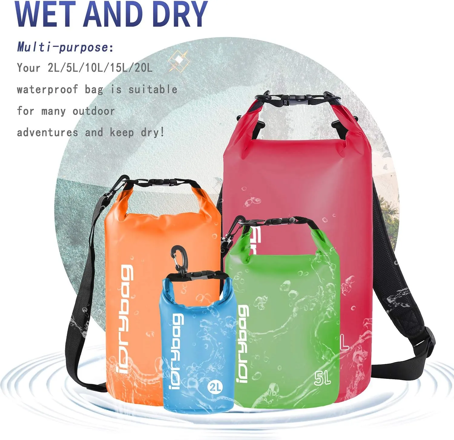 IDRYBAG Clear Dry Bag Waterproof 2L/5L/10L/15L/20L, Small Dry Sack Waterproof Bag for Kayaking