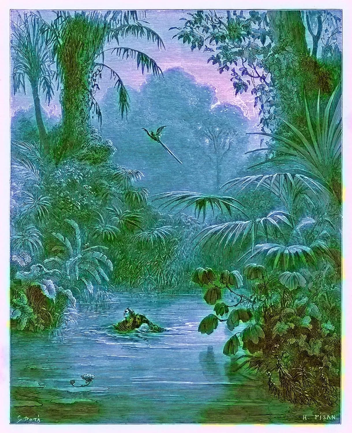 iiRTTFiRT Famous Print Painting Minimalist Artwork Atala and Chactas Crossing a River Illustration by Gustave Dore Nature Pictures for Home Decor 60x90cm