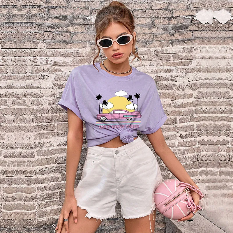 IKEARLAX New popular Summer 2025 Women's Clothing Crew Neck Printed Basic Top Guangzhou Short Sleeve T-Shirt