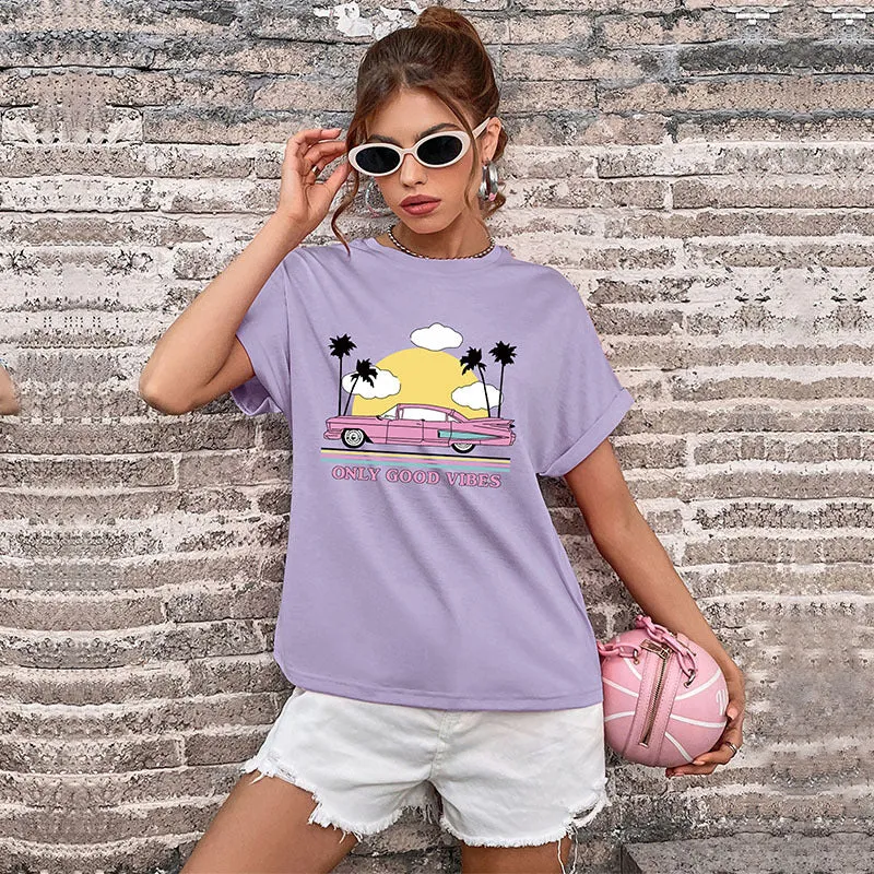 IKEARLAX New popular Summer 2025 Women's Clothing Crew Neck Printed Basic Top Guangzhou Short Sleeve T-Shirt