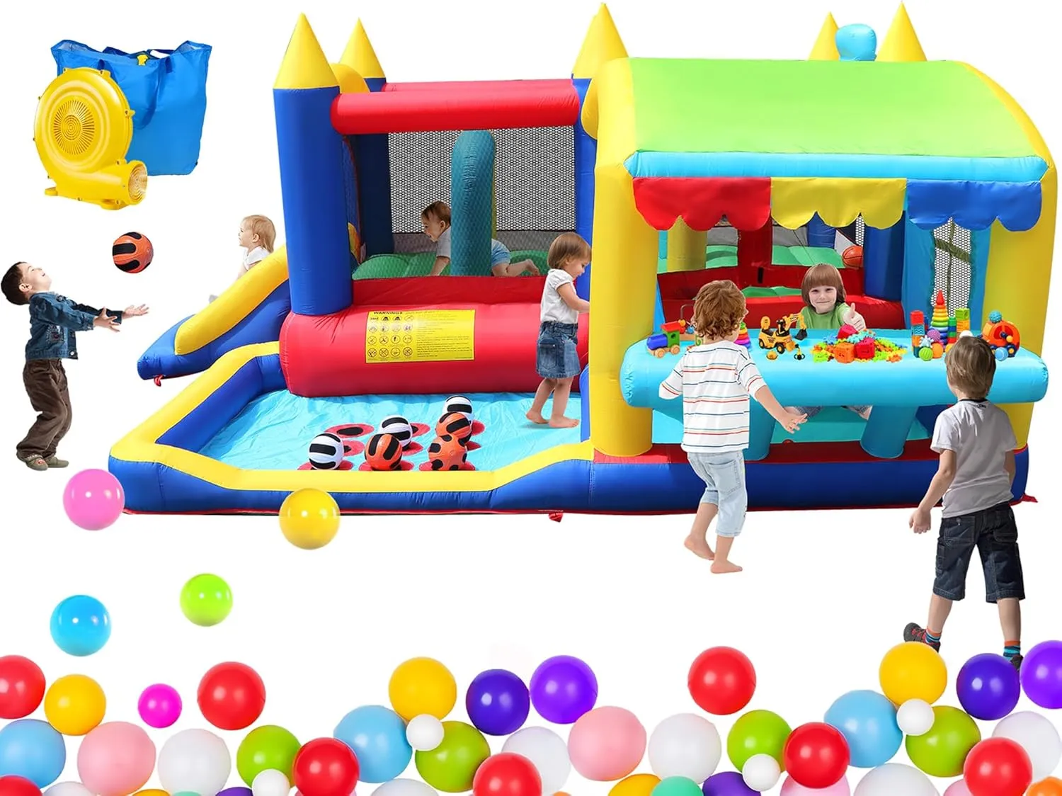 Inflatable Bounce House with Slide, 13.42x10.5x6.07FT Kids Bouncy Castle with Blower,Toy Market Stand, Tic-tac-Toe, Jumping Area, Basketball, Boxing Column, Jumper House for 3-10 Kids Indoor Outdoor