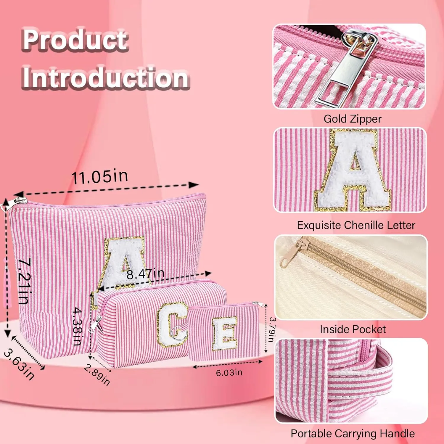 Initial Gifts Travel Cosmetic Makeup Pouch Bags Sets for Purse, Stoney Clover Dupes Pouch Makeup Bag, Personalized Cosmetic Bags Set for Women, Make up Bag for Teen Girls 13 14 15 16 17 (A, Pink)
