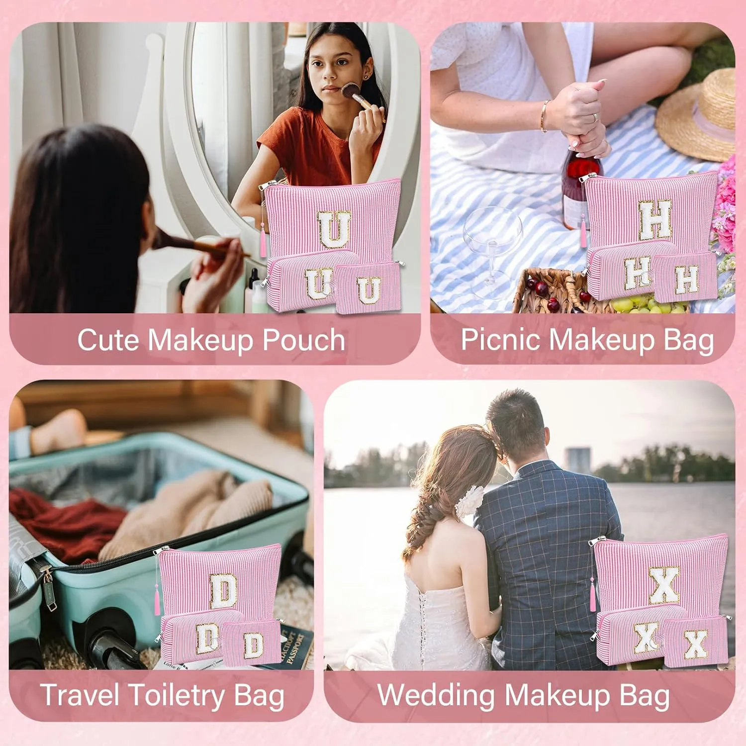 Initial Gifts Travel Cosmetic Makeup Pouch Bags Sets for Purse, Stoney Clover Dupes Pouch Makeup Bag, Personalized Cosmetic Bags Set for Women, Make up Bag for Teen Girls 13 14 15 16 17 (A, Pink)