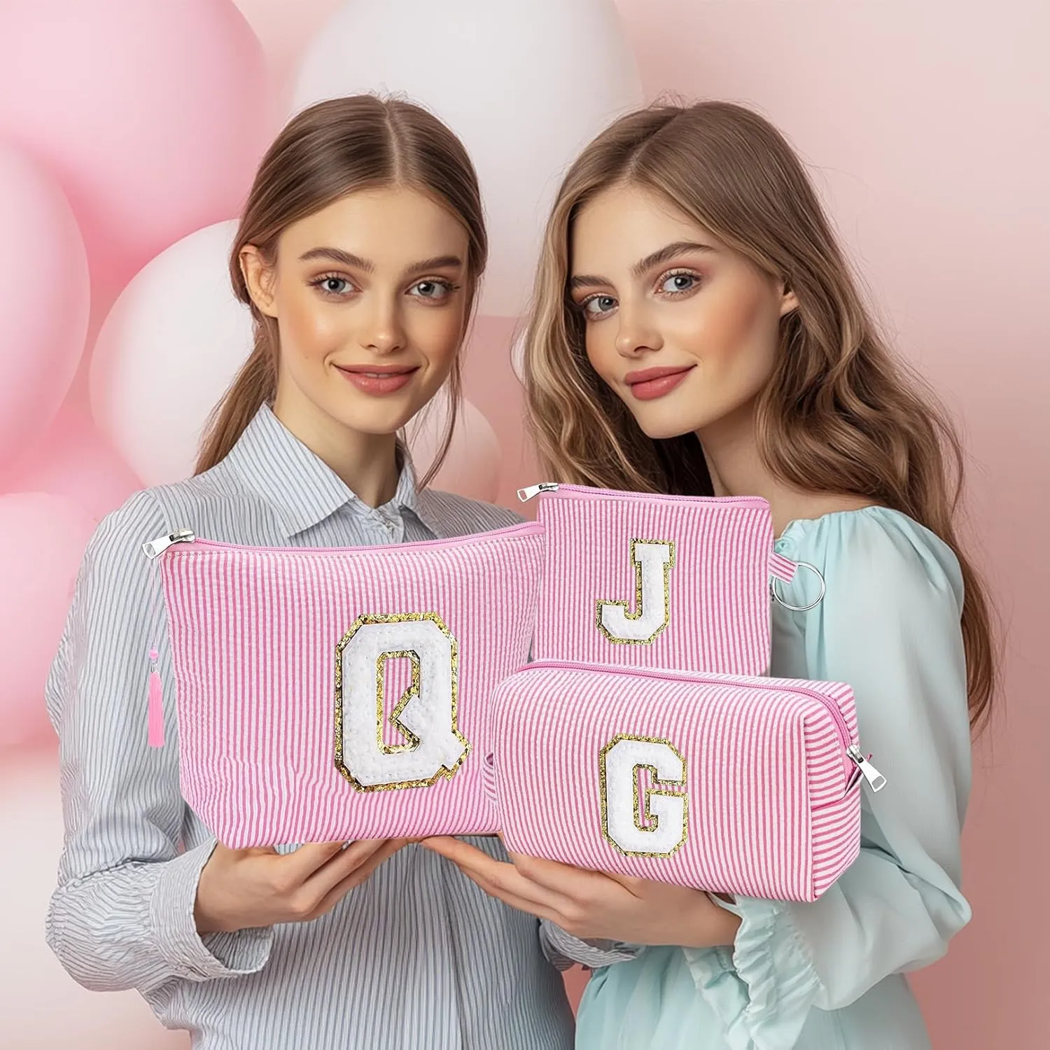 Initial Gifts Travel Cosmetic Makeup Pouch Bags Sets for Purse, Stoney Clover Dupes Pouch Makeup Bag, Personalized Cosmetic Bags Set for Women, Make up Bag for Teen Girls 13 14 15 16 17 (A, Pink)