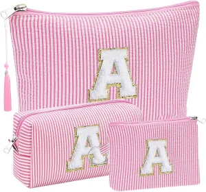 Initial Gifts Travel Cosmetic Makeup Pouch Bags Sets for Purse, Stoney Clover Dupes Pouch Makeup Bag, Personalized Cosmetic Bags Set for Women, Make up Bag for Teen Girls 13 14 15 16 17 (A, Pink)