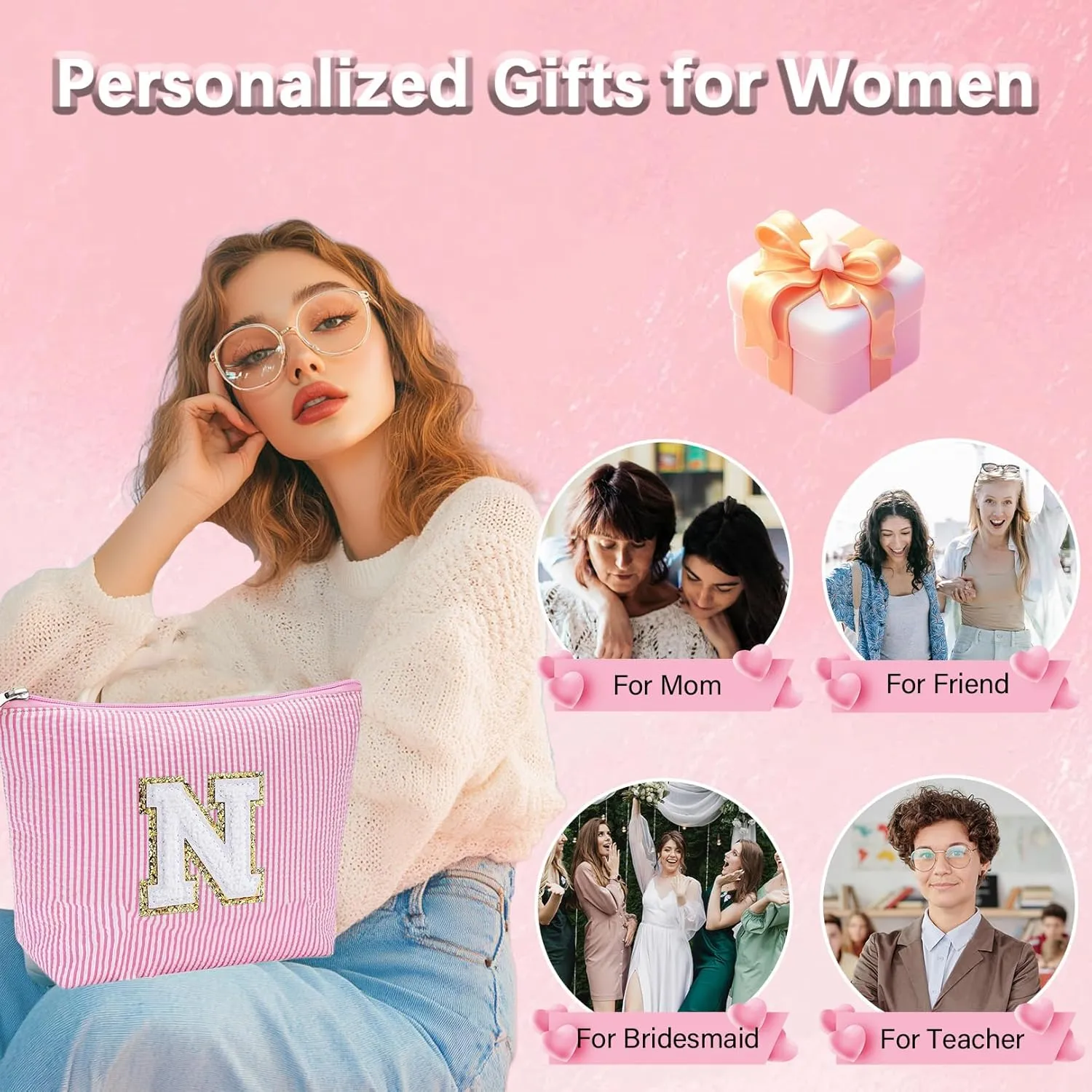 Initial Gifts Travel Cosmetic Makeup Pouch Bags Sets for Purse, Stoney Clover Dupes Pouch Makeup Bag, Personalized Cosmetic Bags Set for Women, Make up Bag for Teen Girls 13 14 15 16 17 (A, Pink)