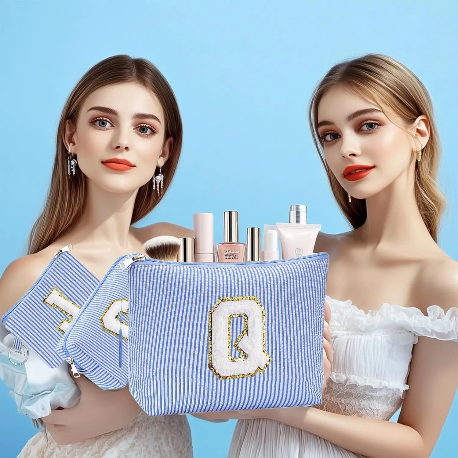 Initial Gifts Travel Cosmetic Makeup Pouch Bags Sets for Purse, Stoney Clover Dupes Pouch Makeup Bag, Personalized Cosmetic Bags Set for Women, Make up Bag for Teen Girls 13 14 15 16 17 (T, Blue)