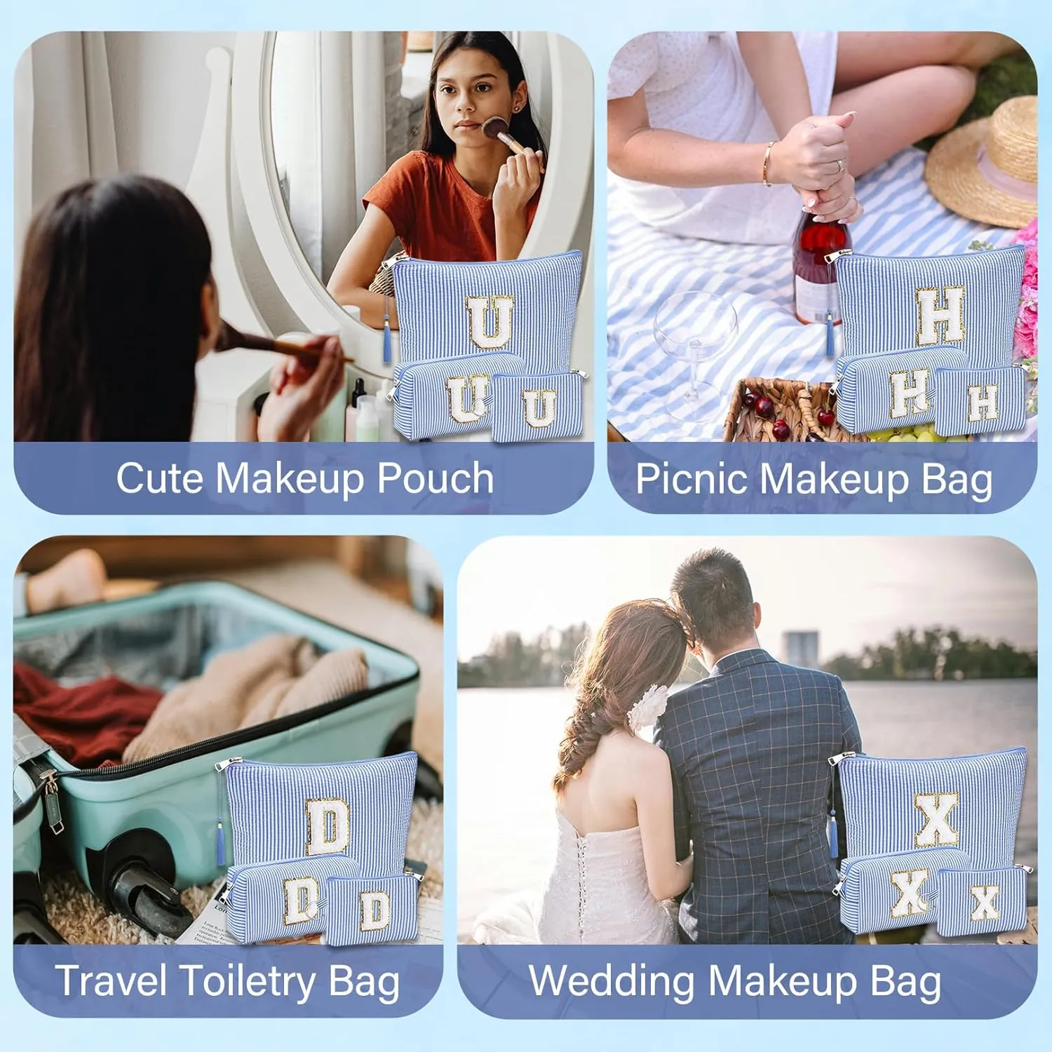 Initial Gifts Travel Cosmetic Makeup Pouch Bags Sets for Purse, Stoney Clover Dupes Pouch Makeup Bag, Personalized Cosmetic Bags Set for Women, Make up Bag for Teen Girls 13 14 15 16 17 (T, Blue)