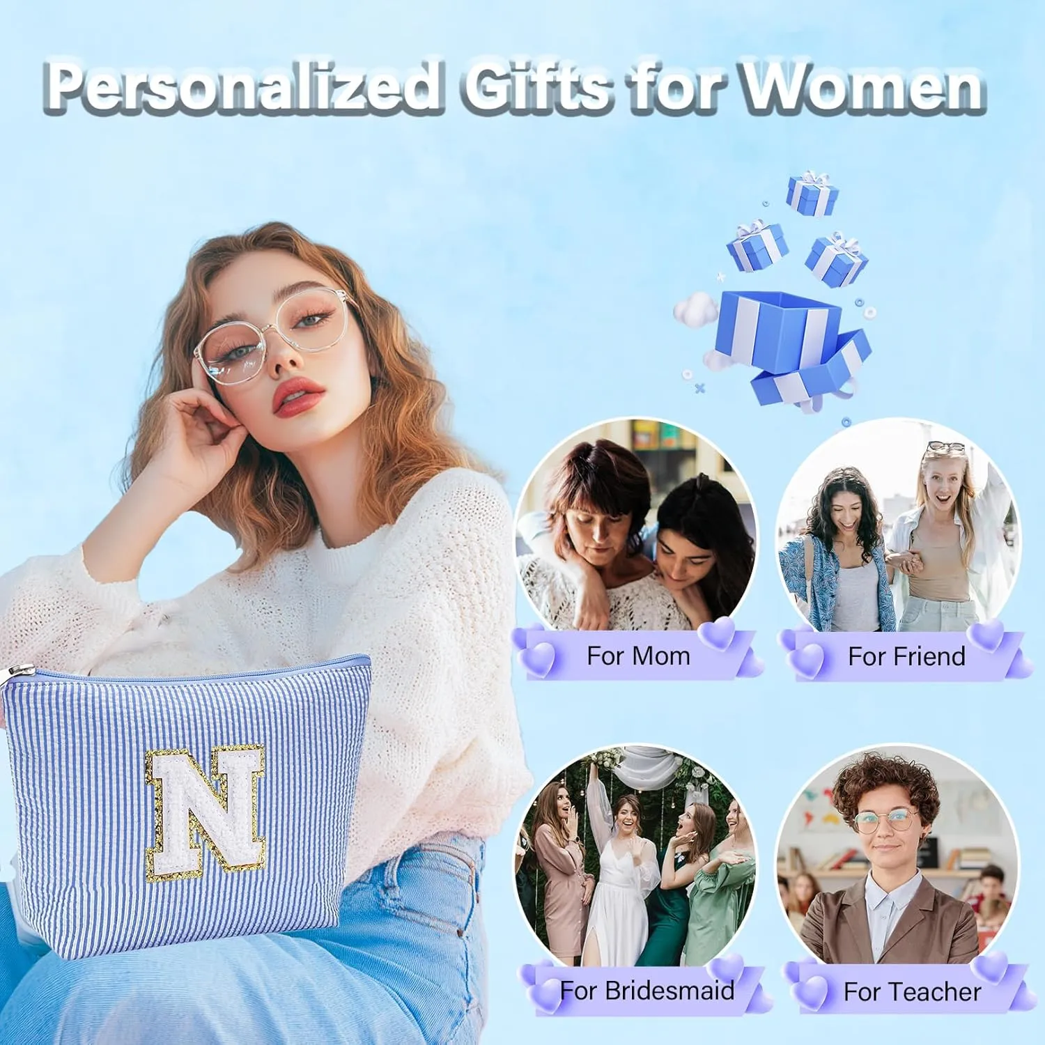 Initial Gifts Travel Cosmetic Makeup Pouch Bags Sets for Purse, Stoney Clover Dupes Pouch Makeup Bag, Personalized Cosmetic Bags Set for Women, Make up Bag for Teen Girls 13 14 15 16 17 (T, Blue)