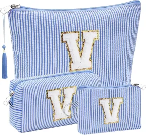 Initial Gifts Travel Cosmetic Makeup Pouch Bags Sets for Purse, Stoney Clover Dupes Pouch Makeup Bag, Personalized Cosmetic Bags Set for Women, Make up Bag for Teen Girls 13 14 15 16 17 (V, Blue)