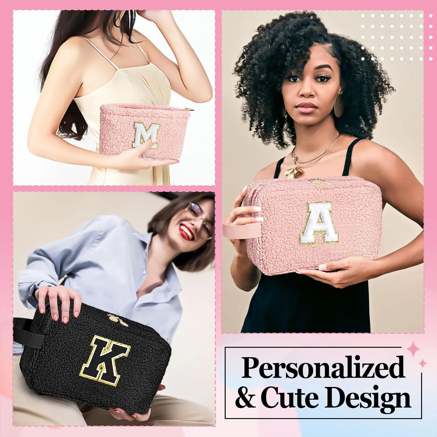 Initial Makeup Bag Large Cosmetic Bags,Cute Makeup Bag for Women,Makeup Brush Bag Travel Skin Care Toiletry Bag,Plush Makeup Bag Best Friend Birthday Gifts for Women Mom Teen Aunt Black M
