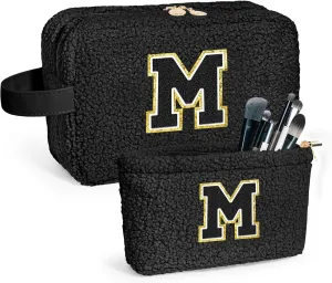 Initial Makeup Bag Large Cosmetic Bags,Cute Makeup Bag for Women,Makeup Brush Bag Travel Skin Care Toiletry Bag,Plush Makeup Bag Best Friend Birthday Gifts for Women Mom Teen Aunt Black M