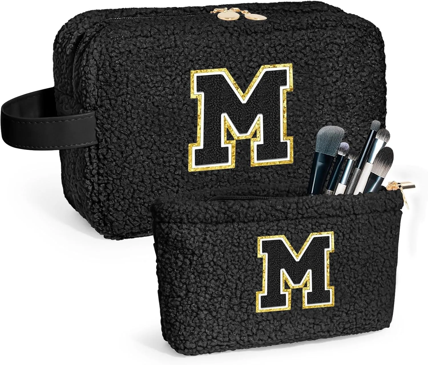 Initial Makeup Bag Large Cosmetic Bags,Cute Makeup Bag for Women,Makeup Brush Bag Travel Skin Care Toiletry Bag,Plush Makeup Bag Best Friend Birthday Gifts for Women Mom Teen Aunt Black M