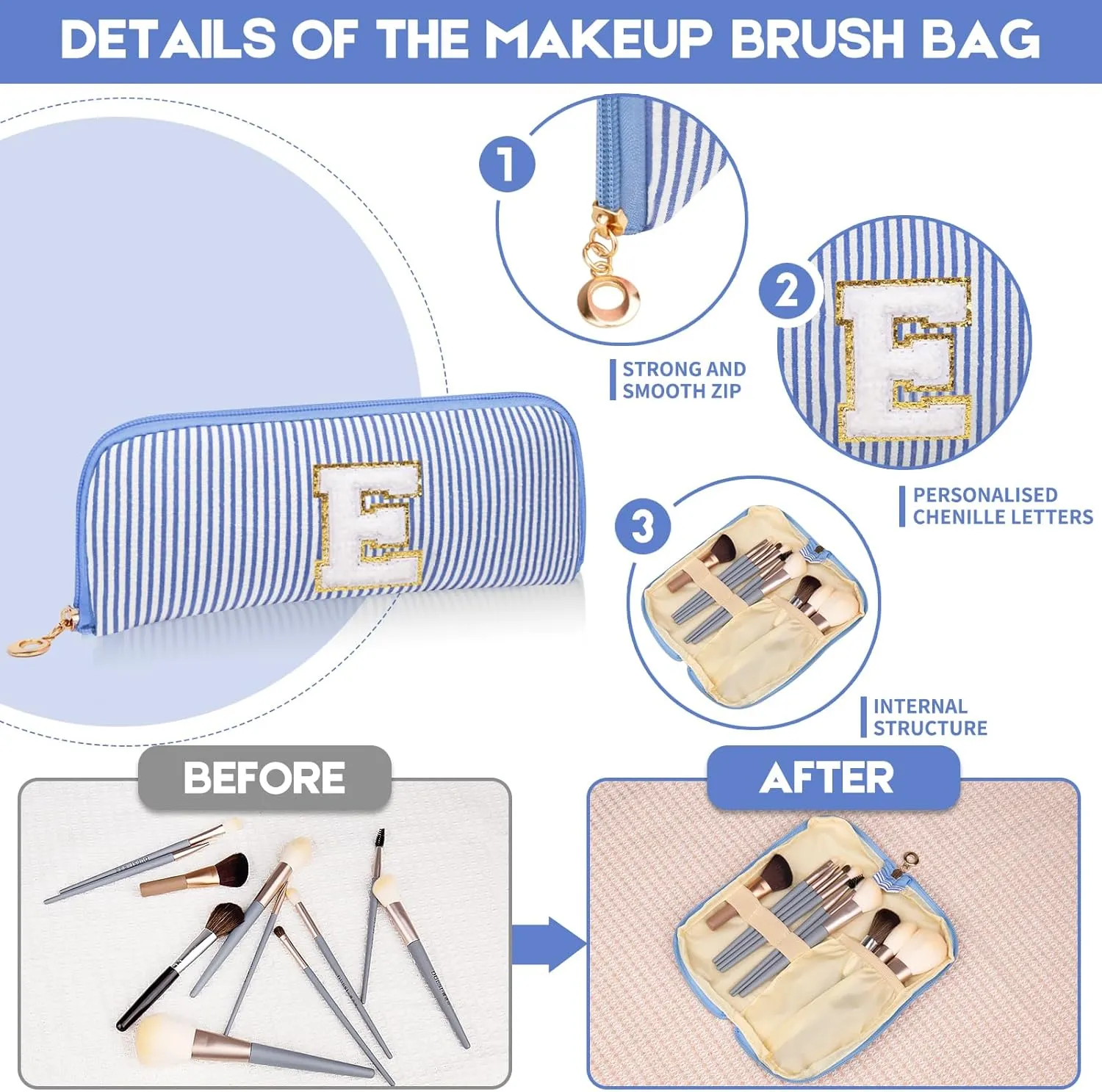 Initials Makeup Bag Set, Personalized Blue Cosmetic Bag, Cute Large Make up Bags, Travel Toiletry Bag for Women Girl Gifts A (Blue)