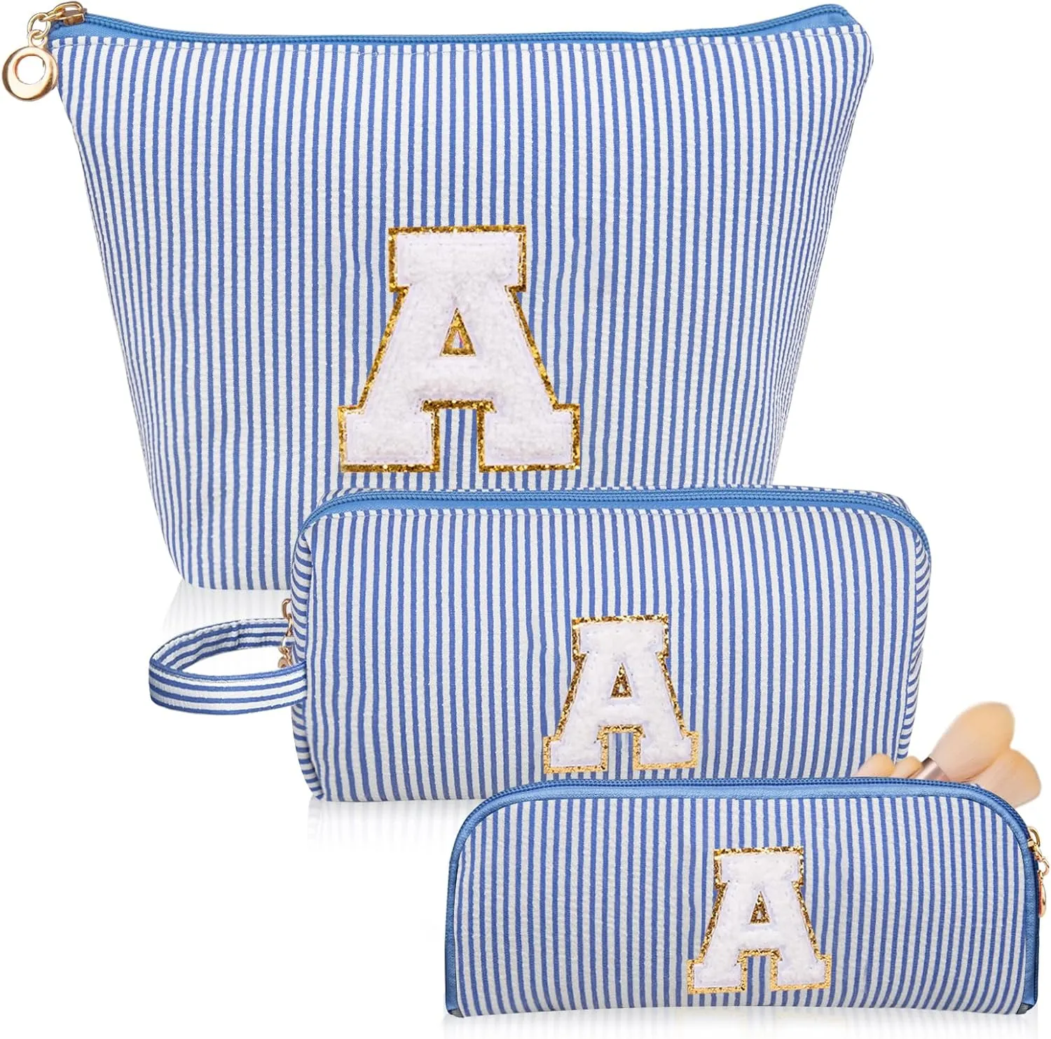 Initials Makeup Bag Set, Personalized Blue Cosmetic Bag, Cute Large Make up Bags, Travel Toiletry Bag for Women Girl Gifts A (Blue)