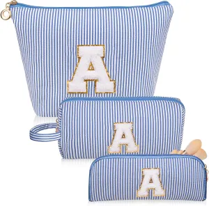 Initials Makeup Bag Set, Personalized Blue Cosmetic Bag, Cute Large Make up Bags, Travel Toiletry Bag for Women Girl Gifts A (Blue)