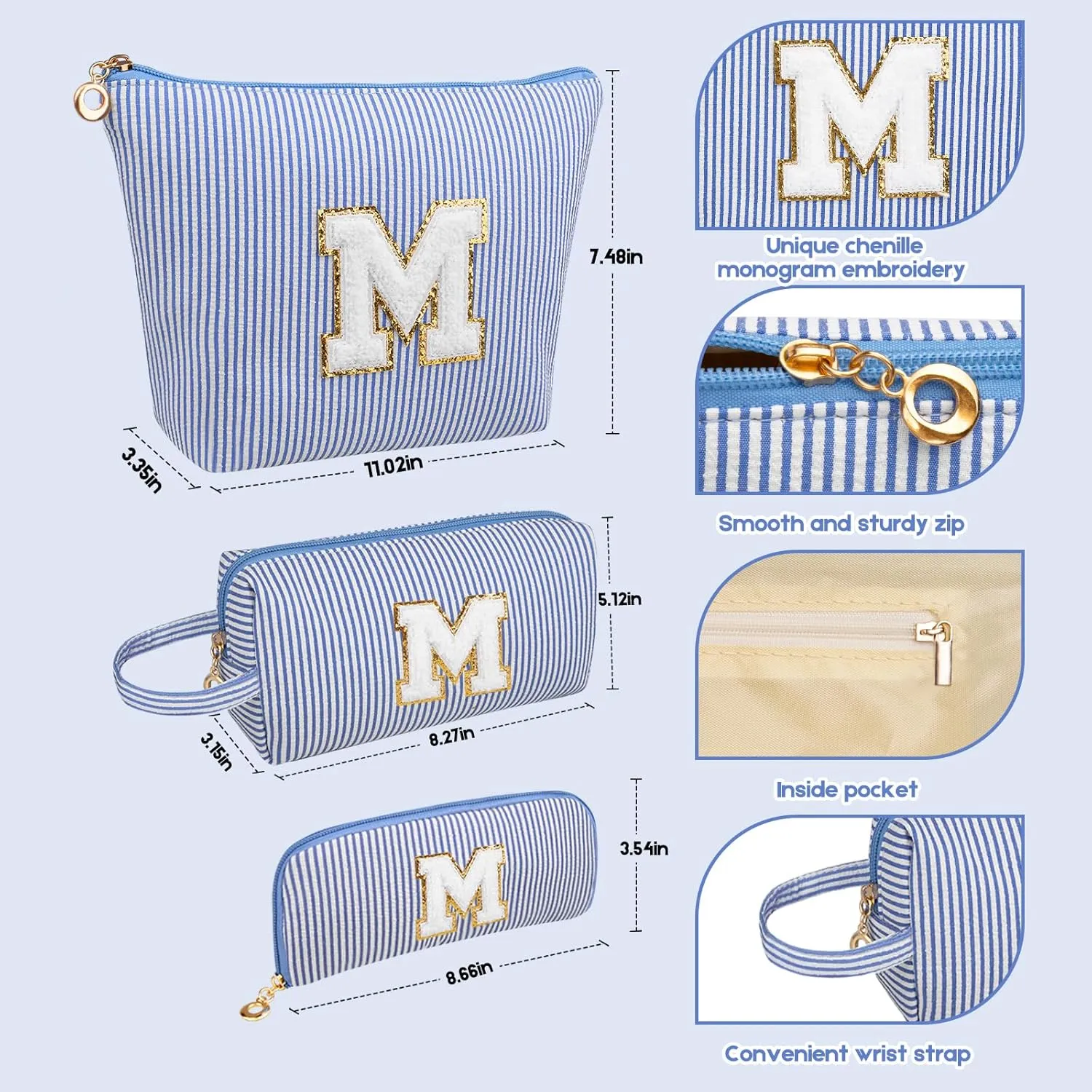 Initials Makeup Bag Set, Personalized Blue Cosmetic Bag, Cute Large Make up Bags, Travel Toiletry Bag for Women Girl Gifts A (Blue)