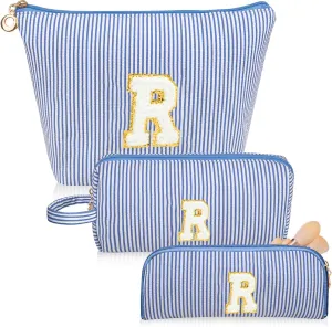 Initials Makeup Bag Set, Personalized Blue Cosmetic Bag, Cute Large Make up Bags, Travel Toiletry Bag for Women Girl Gifts R (Blue)