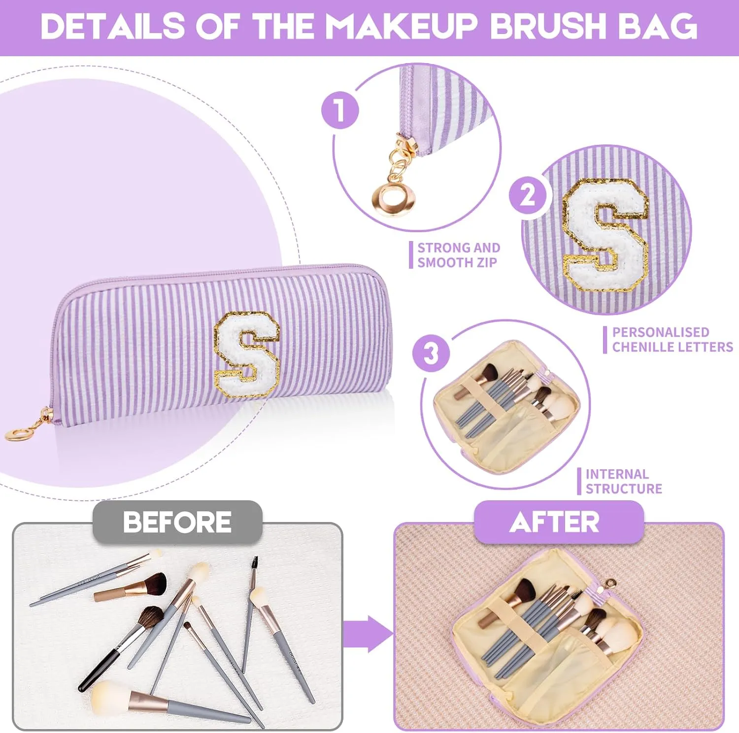 Initials Makeup Bag Set, Personalized Purple Cosmetic Bag, Cute Large Make up Bags, Travel Toiletry Bag for Women Girl Gifts A (Purple)
