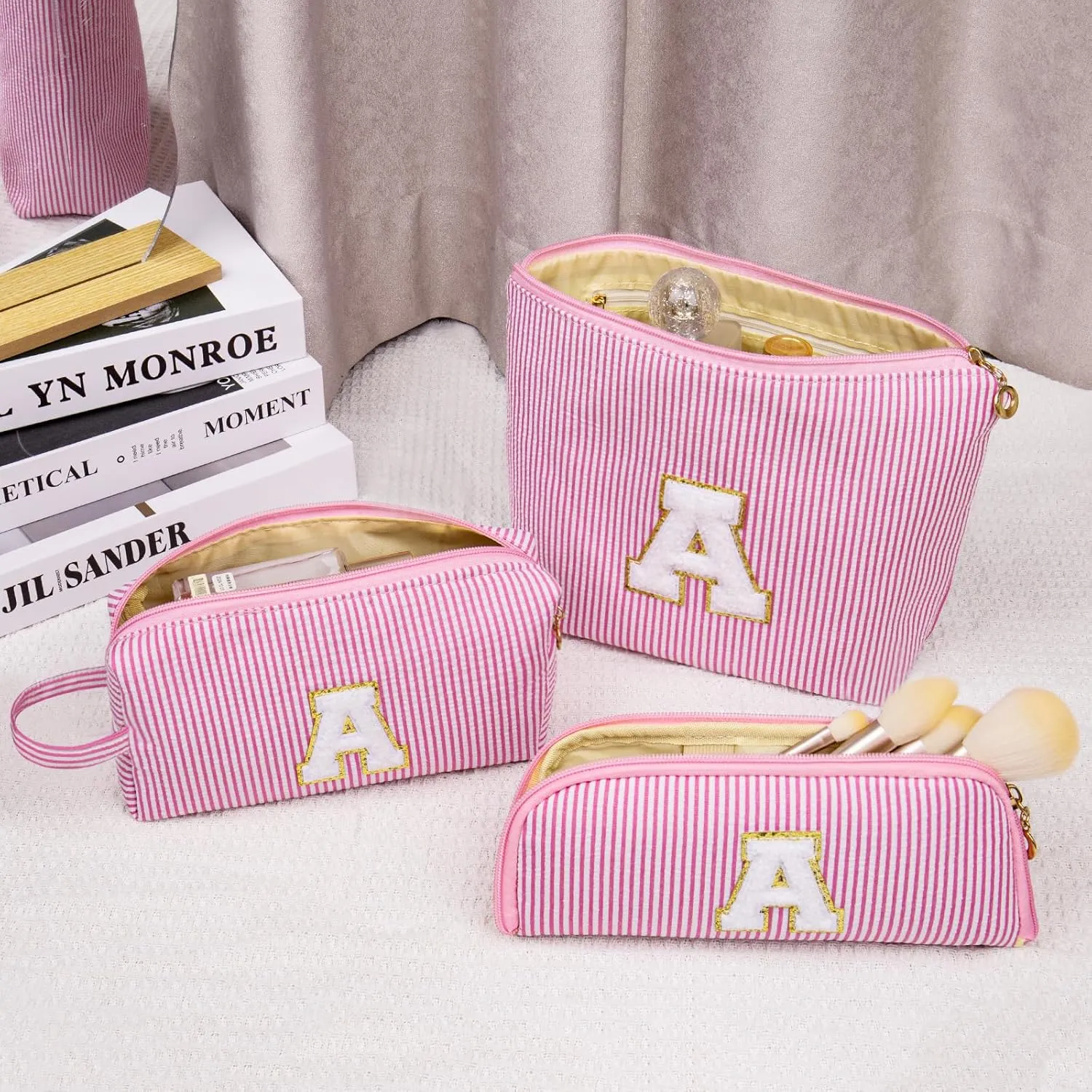 Initials Makeup Bag Set, Personalized Purple Cosmetic Bag, Cute Large Make up Bags, Travel Toiletry Bag for Women Girl Gifts A (Purple)