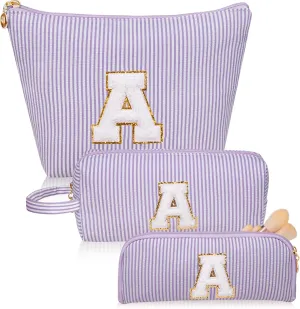 Initials Makeup Bag Set, Personalized Purple Cosmetic Bag, Cute Large Make up Bags, Travel Toiletry Bag for Women Girl Gifts A (Purple)