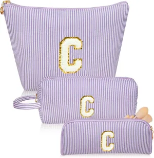 Initials Makeup Bag Set, Personalized Purple Cosmetic Bag, Cute Large Make up Bags, Travel Toiletry Bag for Women Girl Gifts C (Purple)