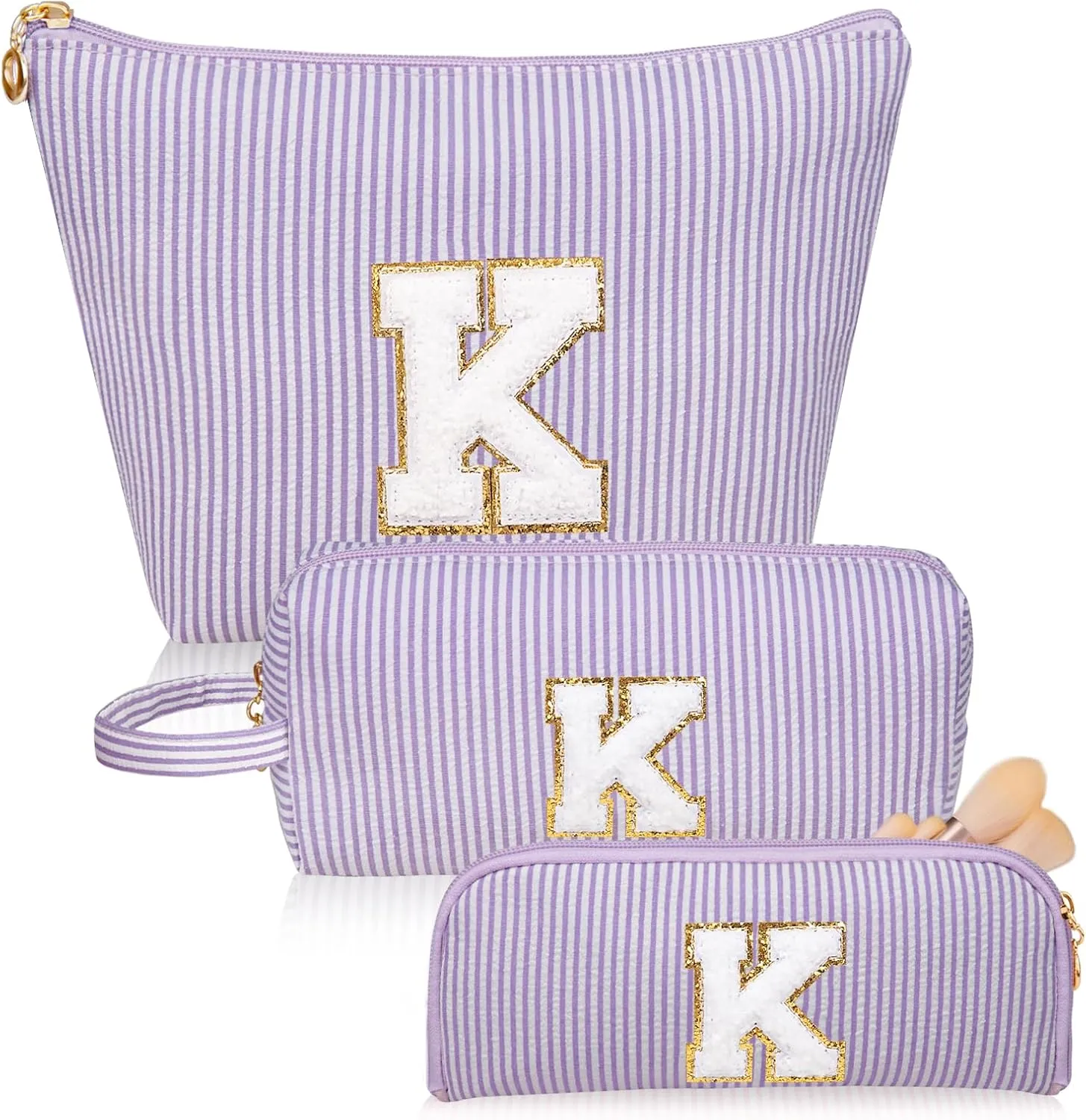 Initials Makeup Bag Set, Personalized Purple Cosmetic Bag, Cute Large Make up Bags, Travel Toiletry Bag for Women Girl Gifts K (Purple)