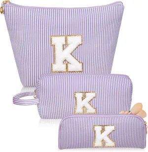 Initials Makeup Bag Set, Personalized Purple Cosmetic Bag, Cute Large Make up Bags, Travel Toiletry Bag for Women Girl Gifts K (Purple)